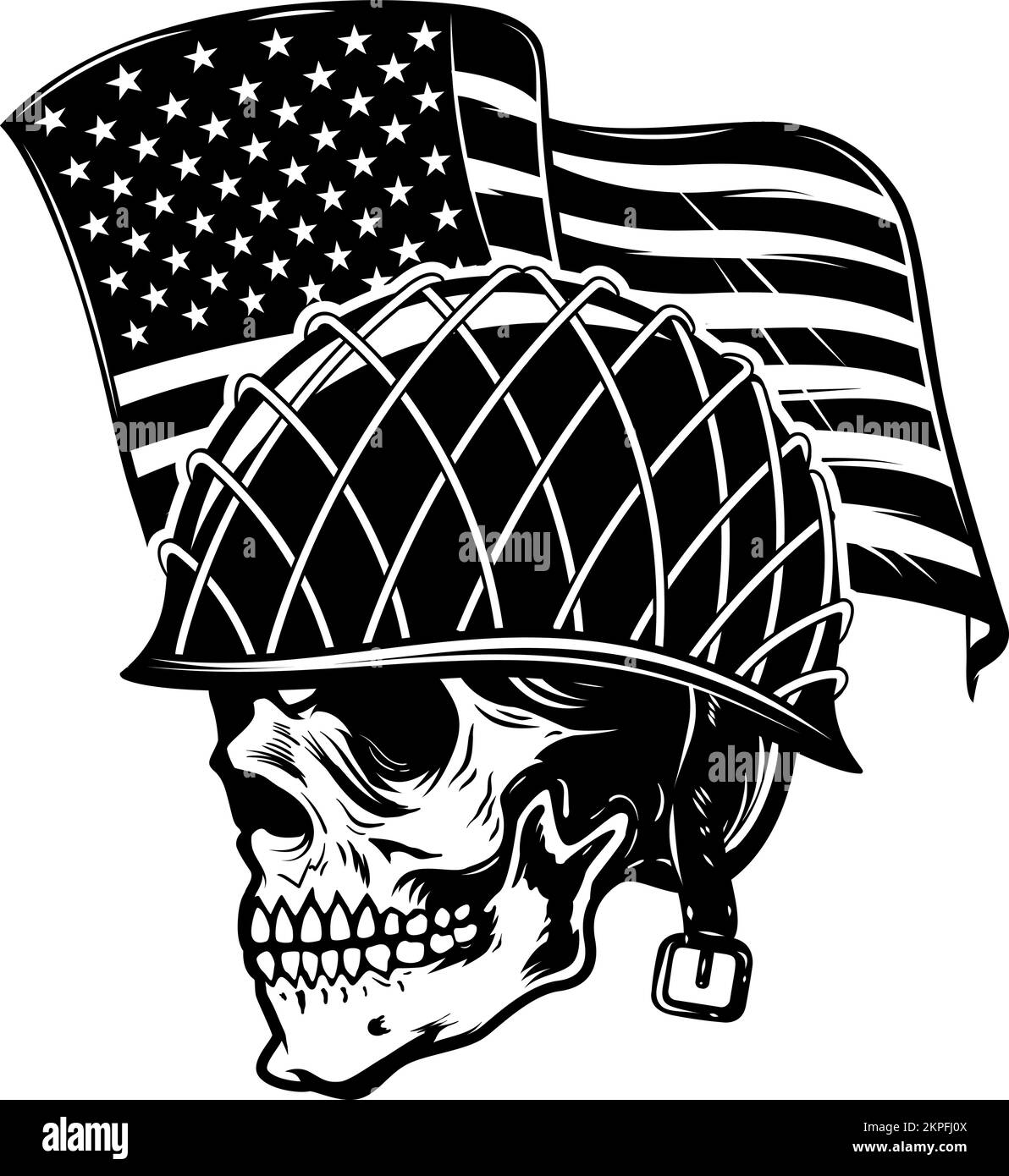 Skull in army helmet on usa flag background. Soldier skull. Design