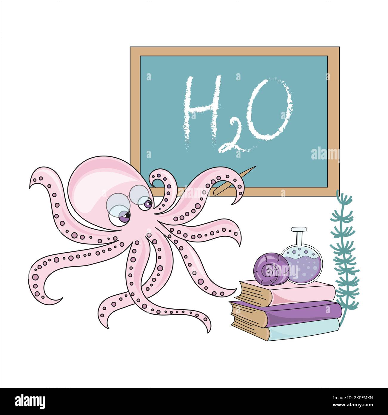 OCTOPUS SCHOOL Sea Underwater Animal Education Teacher Class Cartoon Clip Art Vector Illustration Set For Print Stock Vector
