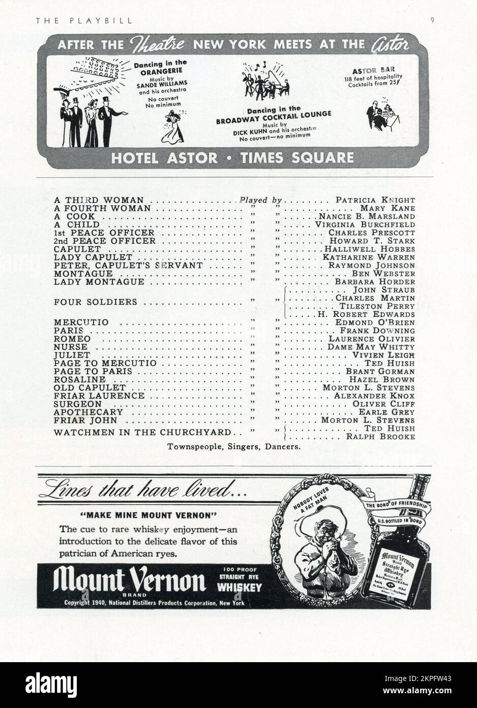 Part Cast List from Programme for LAURENCE OLIVIER and VIVIEN LEIGH in