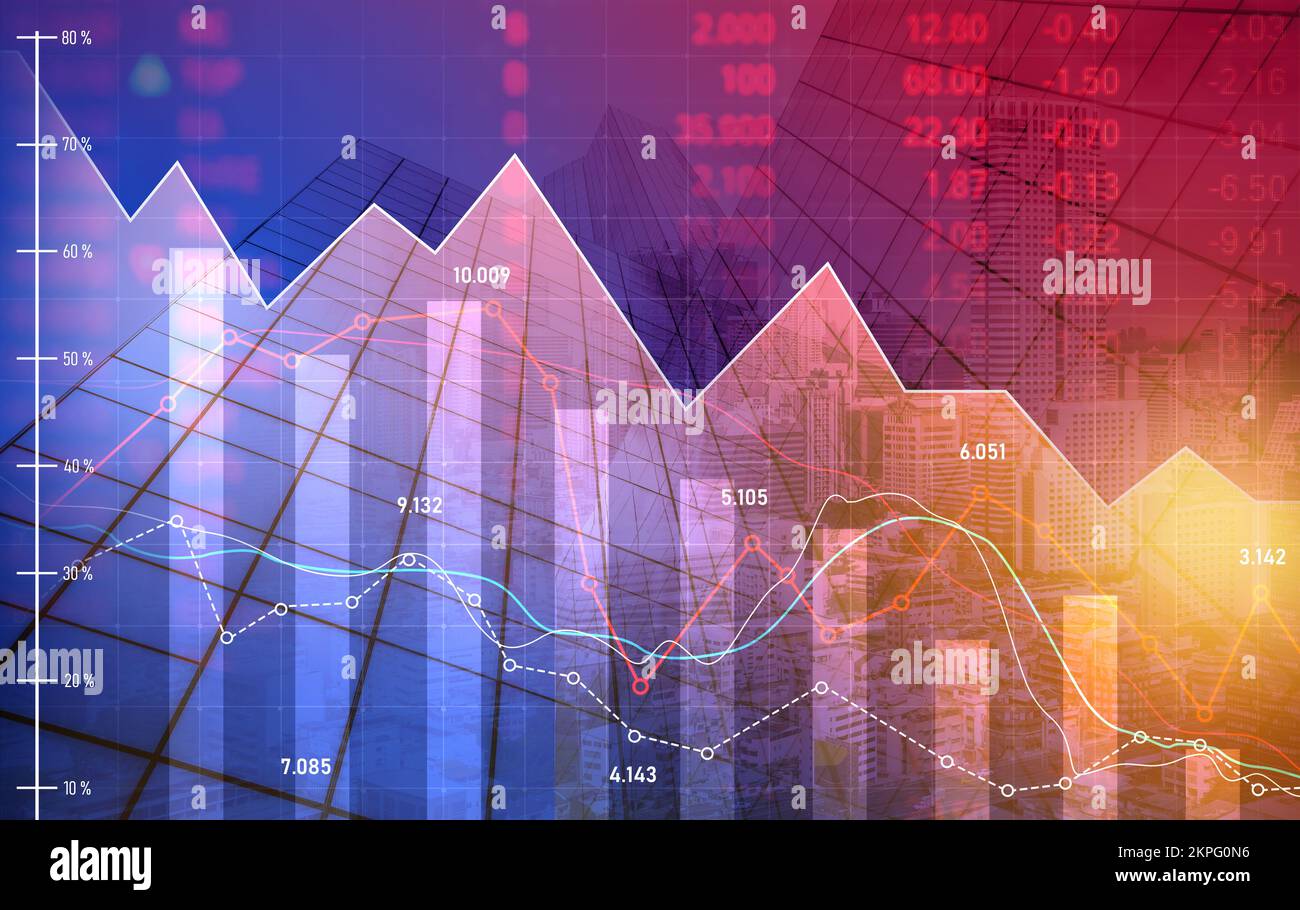 The digital indicators and declining graphs of a stock market crash