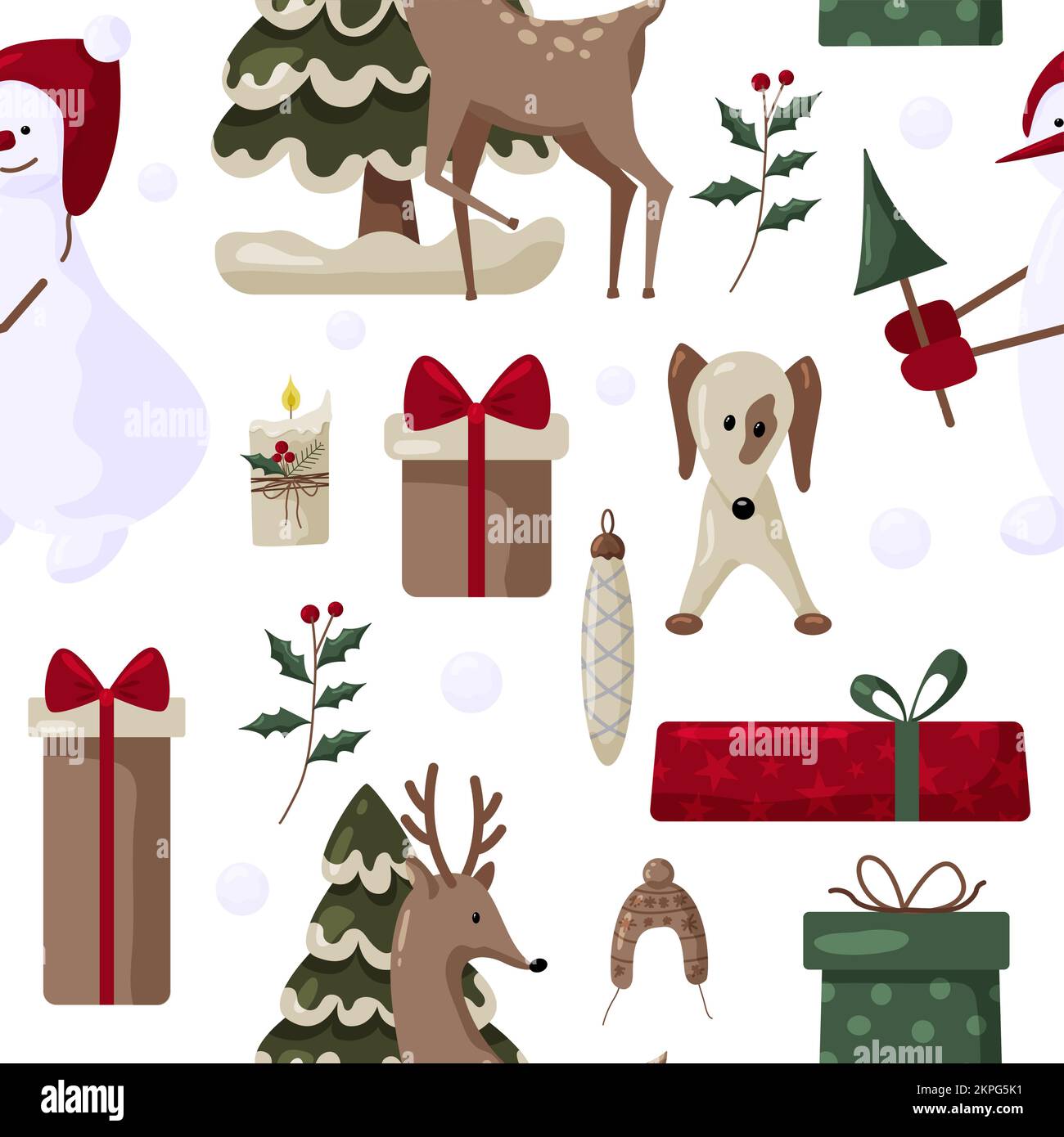 Christmas seamles pattern with tree, santa, decoration, gifts. Christmas seamless pattern perfect for textile, wrap and wallpaper and design. Stock Vector