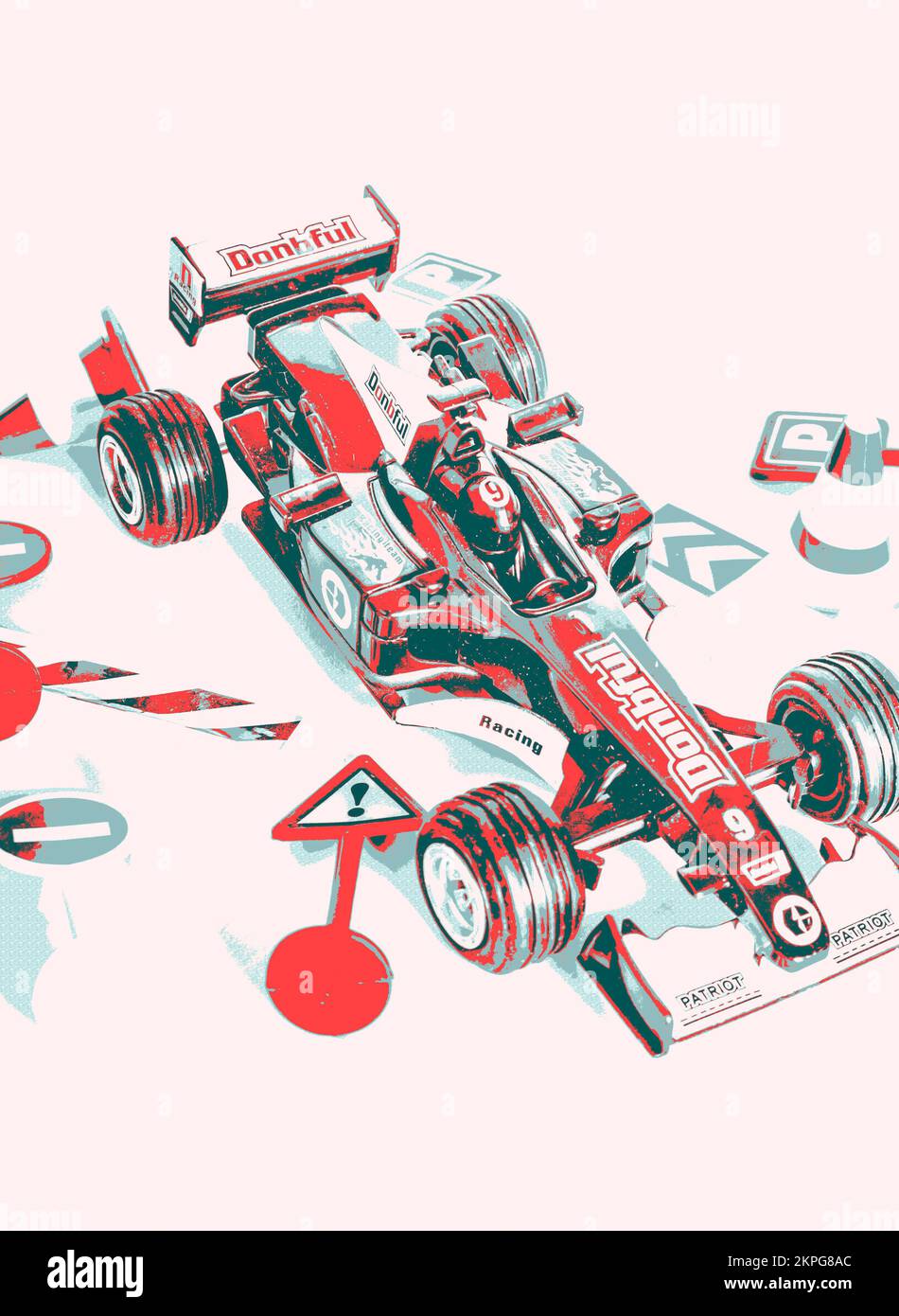 Pop art motor sport scene on a formula one racecar breaking rules and