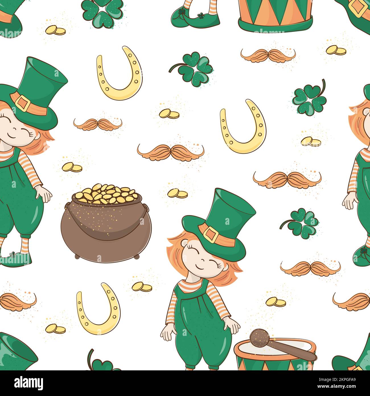 PATRICK BOY Red Haired Leprechaun In A Green Hat And Pants Irish Holiday Saint Patrick Day Cartoon Seamless Pattern Vector Illustration For Print Stock Vector