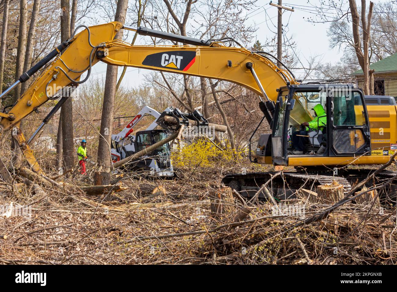 Detroit, Michigan - Workers clear trees from an abandoned railroad right of way that will be part of the Joe Lewis Greenway, a 27.5 mile hiking and bi Stock Photo