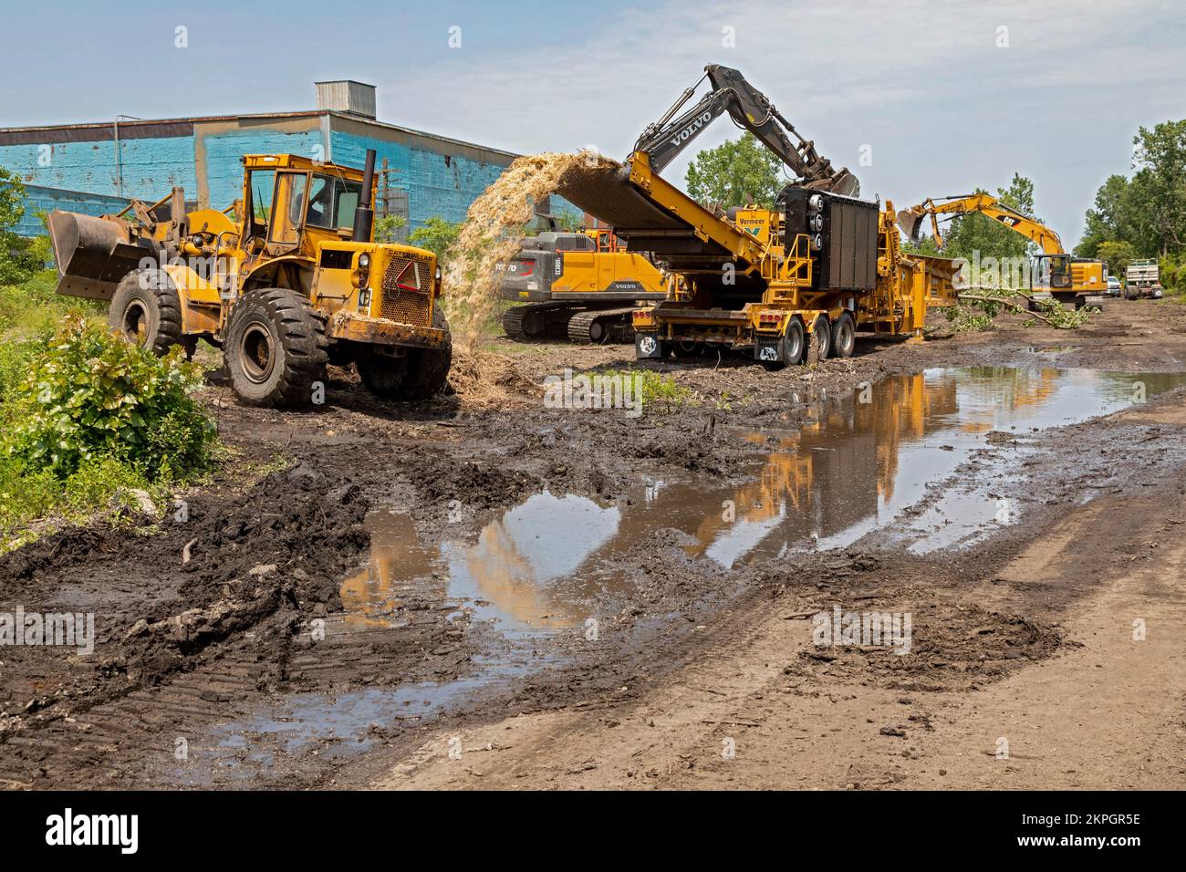 Detroit, Michigan - Using heavy equipment, workers clear trees, shredding them into woodchips, from an abandoned railroad right of way. They are clear Stock Photo