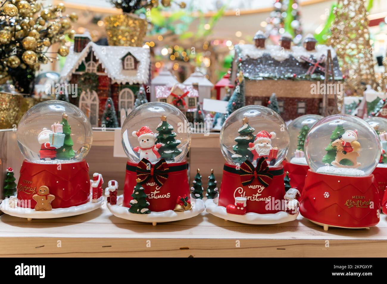 Christmas snow globe selling at the Christmas market. Stock Photo