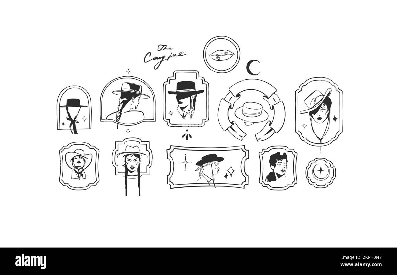 Hand drawn abstract vector graphic clipart illustration cowgirl in hat