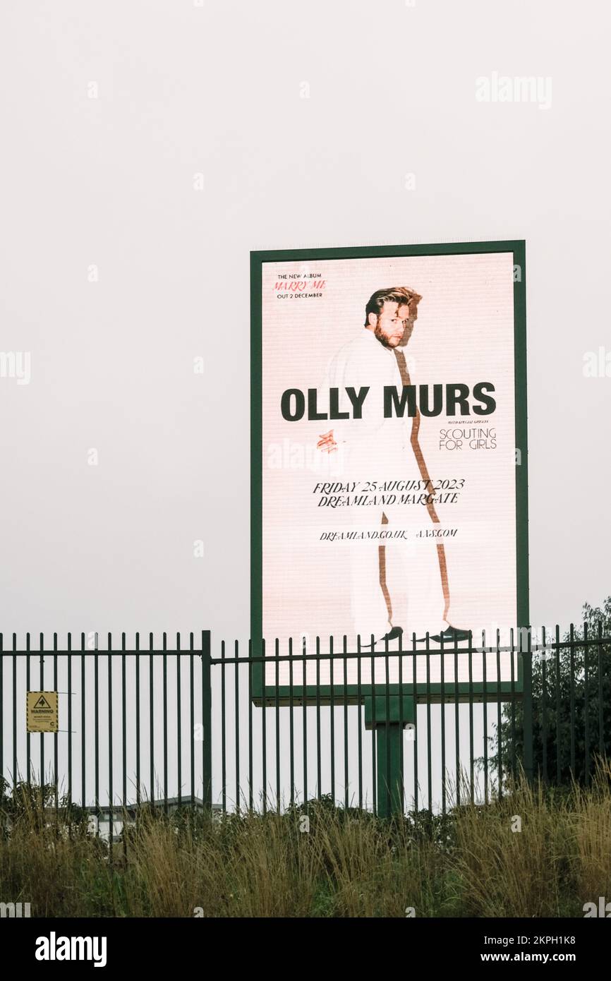 Electronic Advertising Board or Screen, featuring Olly Murs at Dreamland, Margate, Kent, UK. Stock Photo
