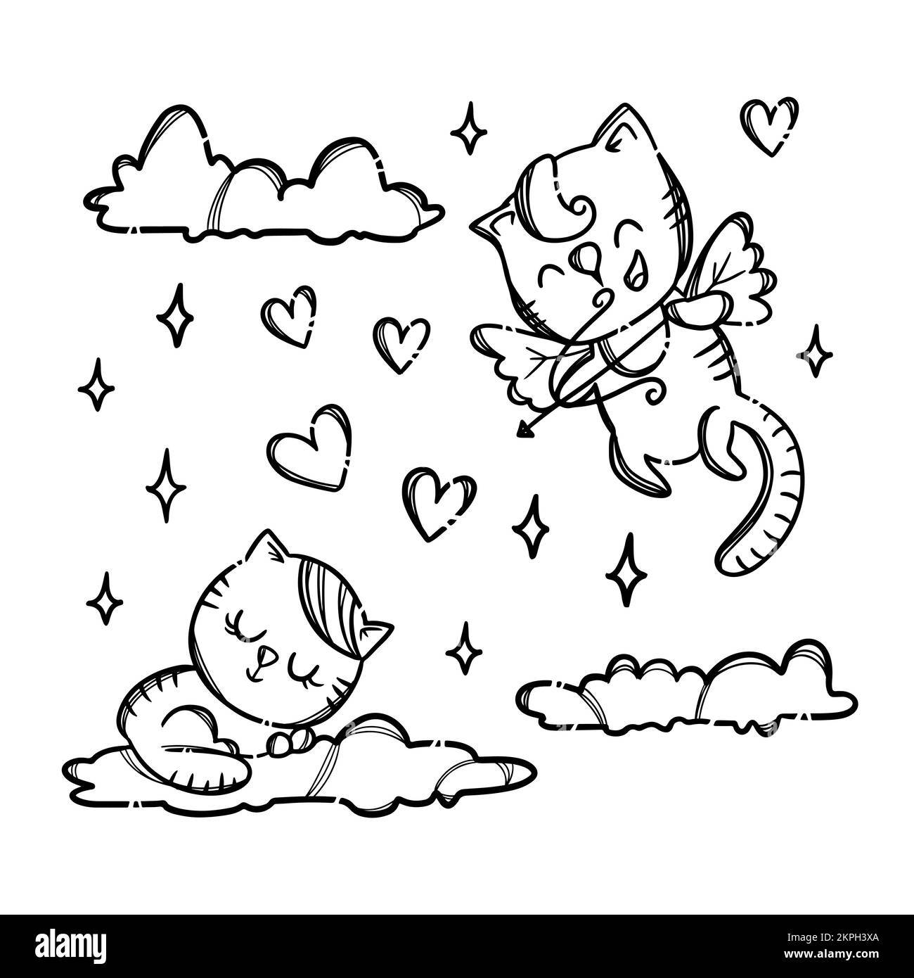 PUSSICAT ON CLOUD Cupid Shoots Archery To Kitty Sleepping On Cloud Monochrome Valentine Day Holiday Hand Drawn Cartoon Vector Illustration Set For Pri Stock Vector