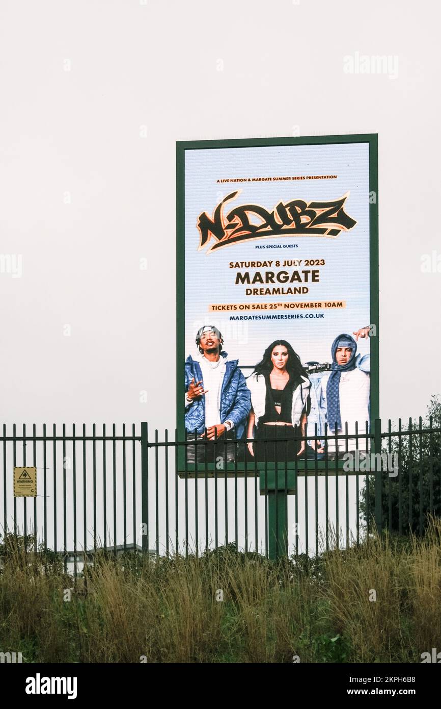 Electronic Advertising Board or Screen, featuring N-Dubz at Dreamland, Margate, Kent, UK. Stock Photo