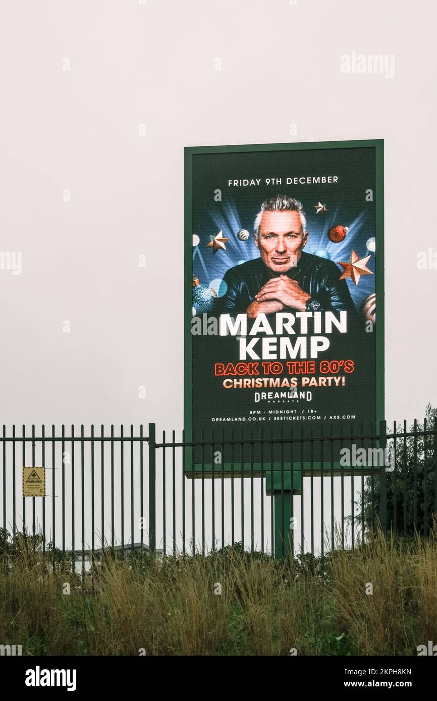 Electronic Advertising Board or Screen, featuring Martin Kemp at Dreamland, Margate, Kent, UK. Stock Photo