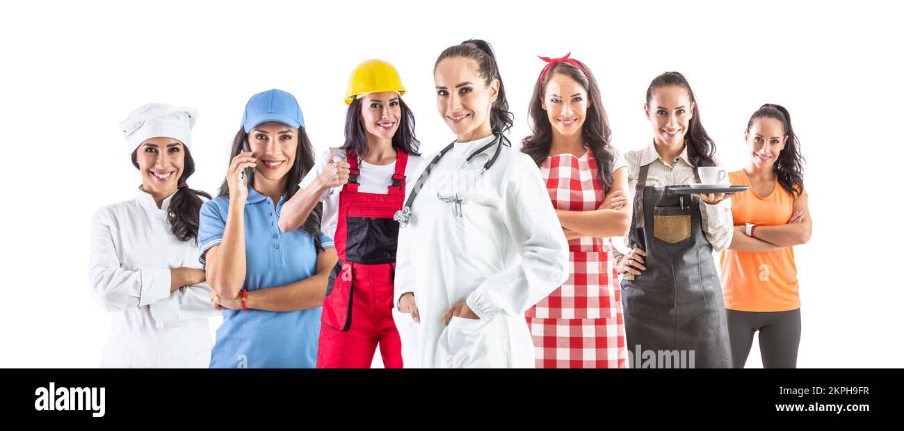 One beautiful woman in several occupations, doctor, worker, cook, waiter, trainer, cleaner and courier on white isolated background. The concept of jo Stock Photo