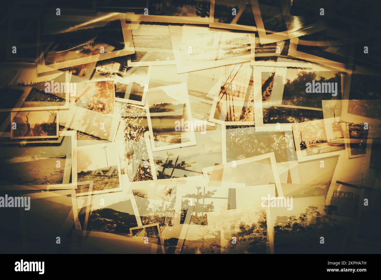 Creative double exposure on a piling of old scrapbook photos in abstract formation. Storyboard