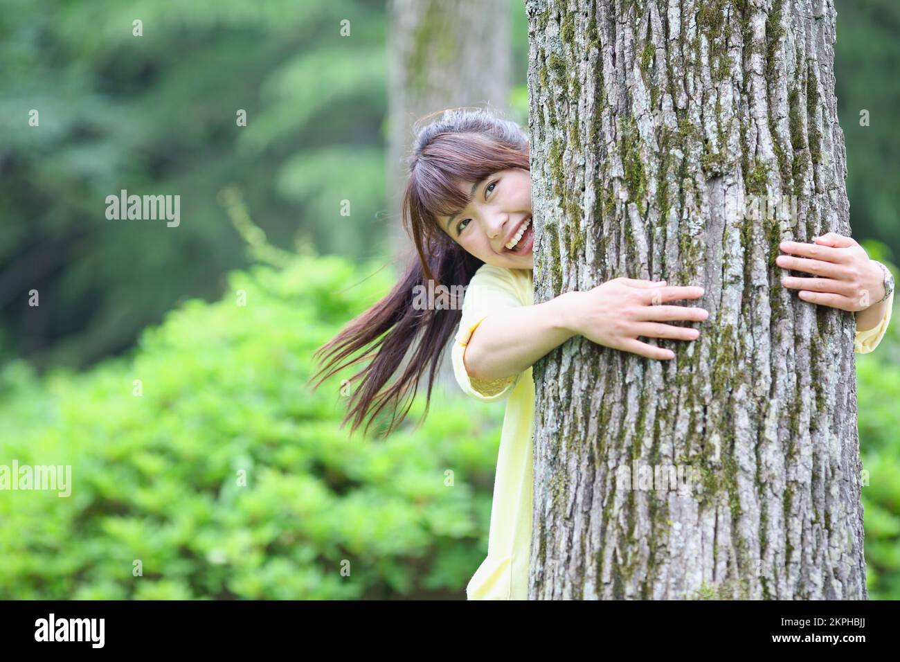 Japanese woman hugging a tree Stock Photo Alamy