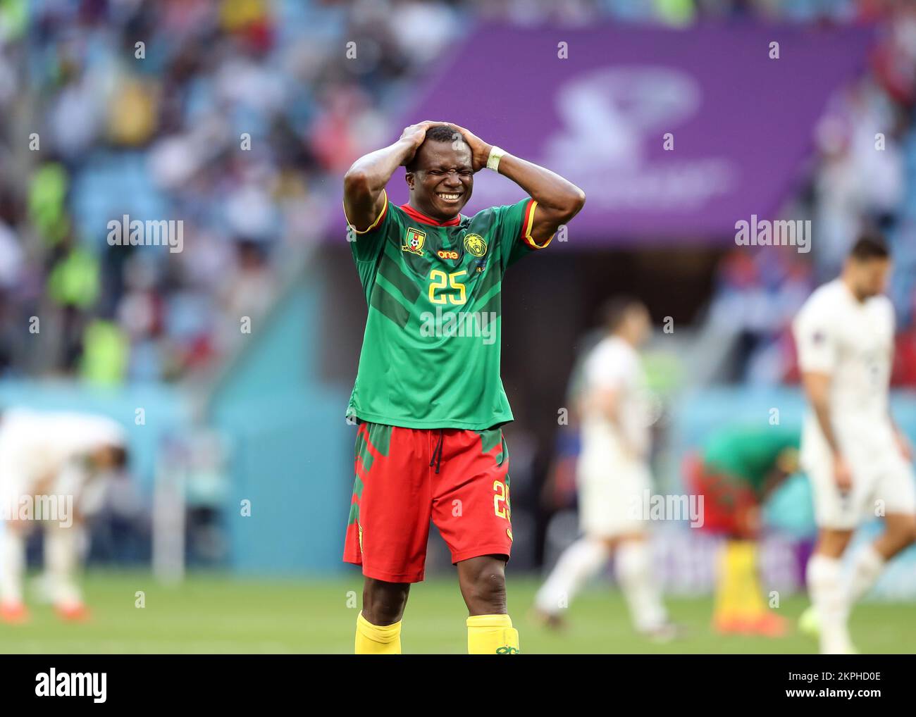 Al Wakrah, Qatar. 28th November 2022; Al Janoub Stadium, Al Wakrah, Qatar; FIFA World Cup Football, Cameroon versus Serbia; Nouhou Tolo of Cameroon celebrates after the final whistle as Cameroon came back to draw 3-3 with Serbia Stock Photo