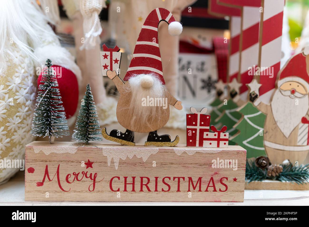 Close-up view of a wooden Christmas Santa Claus decoration. Stock Photo