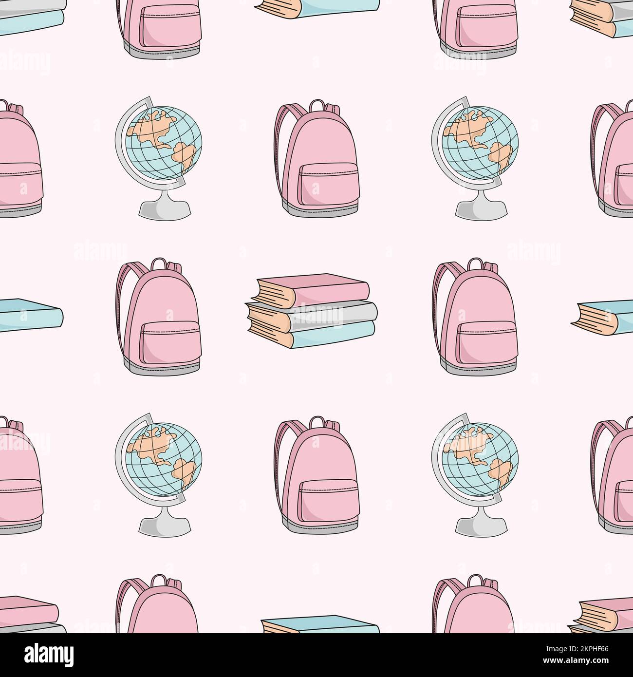 SCHOOL BAG AND GLOBE Education Supplies And Books On Pink Background Seamless Pattern Vector Illustration For Print Stock Vector