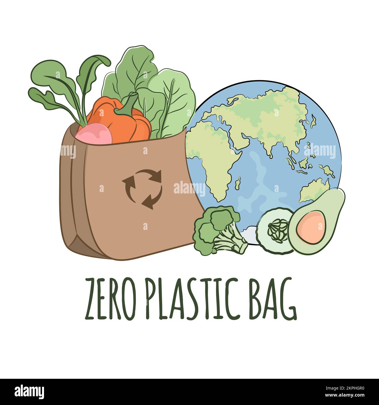 RECYCLING USE Waste Problem Humanity Use Of Natural Materials Paper Bag With Vegetables And Earth Globe Banner Clip Art Vector Illustration Set For Pr Stock Vector