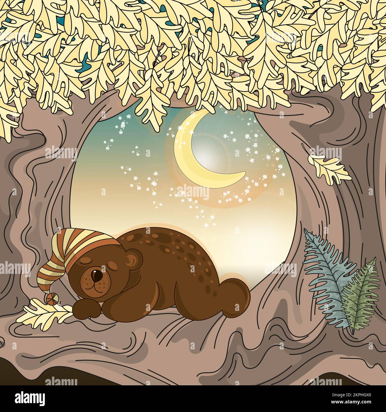 SLEEPING BEAR In A Cap In The Forest Under An Oak Tree At Night On The Background Of The Crescent And Stars Cartoon Clip Art Vector Illustration Set F Stock Vector