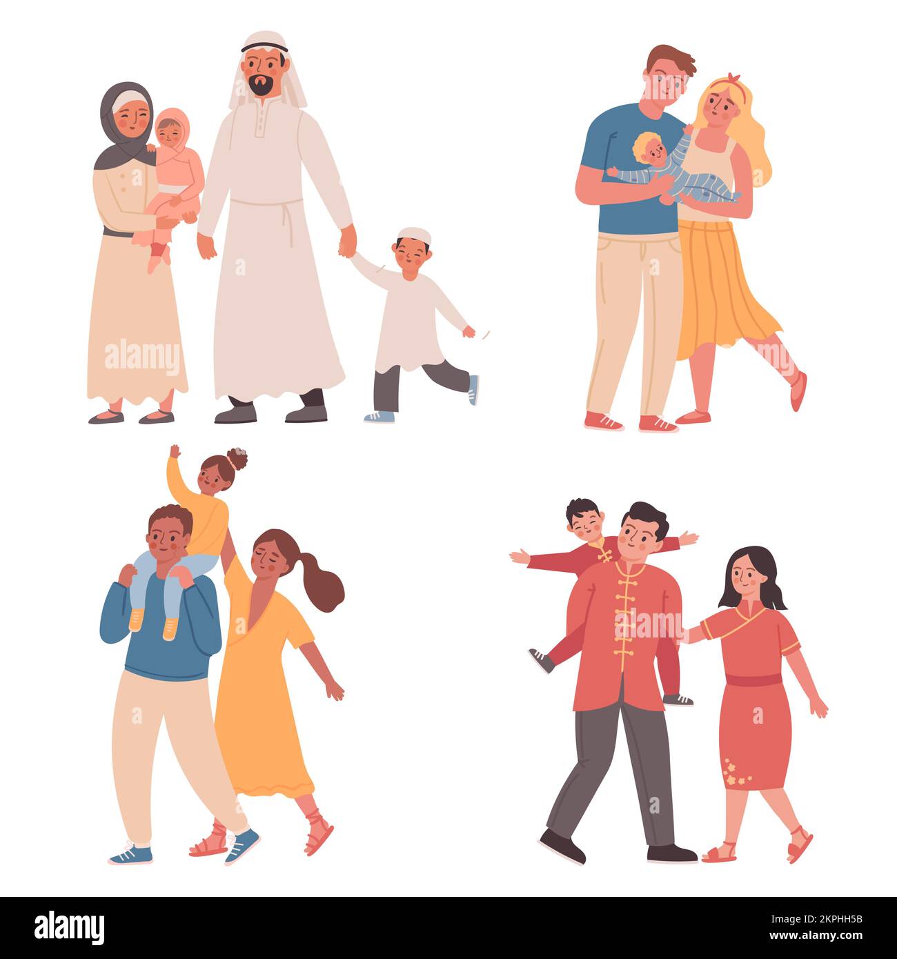 Families of different nationalities. Parents with children wearing traditional arabic and chinese clothes. Mother, father and kids of different cultur Stock Vector
