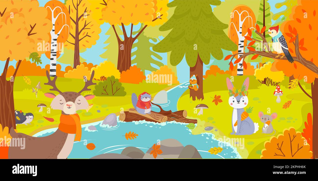 Autumn forest. Nature landscape with trees and falling leaves and wild animals as squirrel, deer, hare, mouse, hedgehog and beaver. Logs on water, col Stock Vector