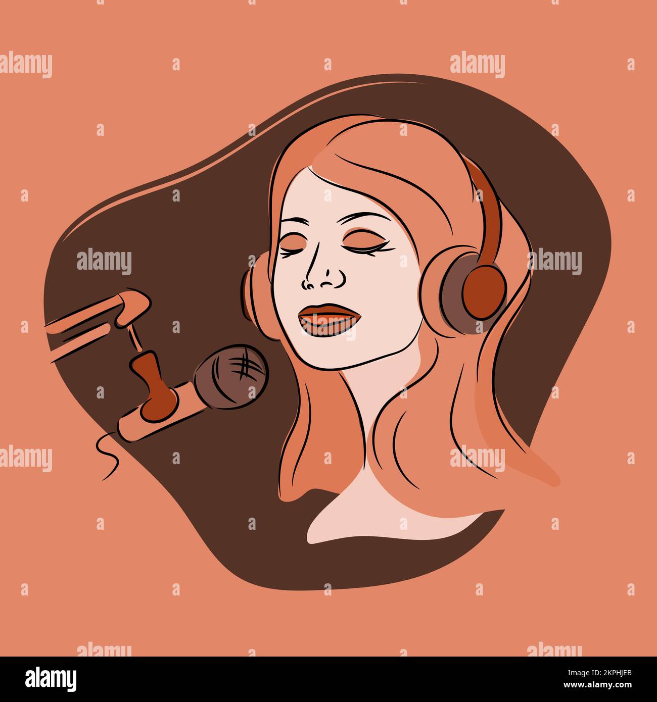 SOUND RECORDING Long Haired Girl In Headphones Records Voice On Microphone In Music Studio Online Video Podcast Internet Vector Illustration Set For P Stock Vector
