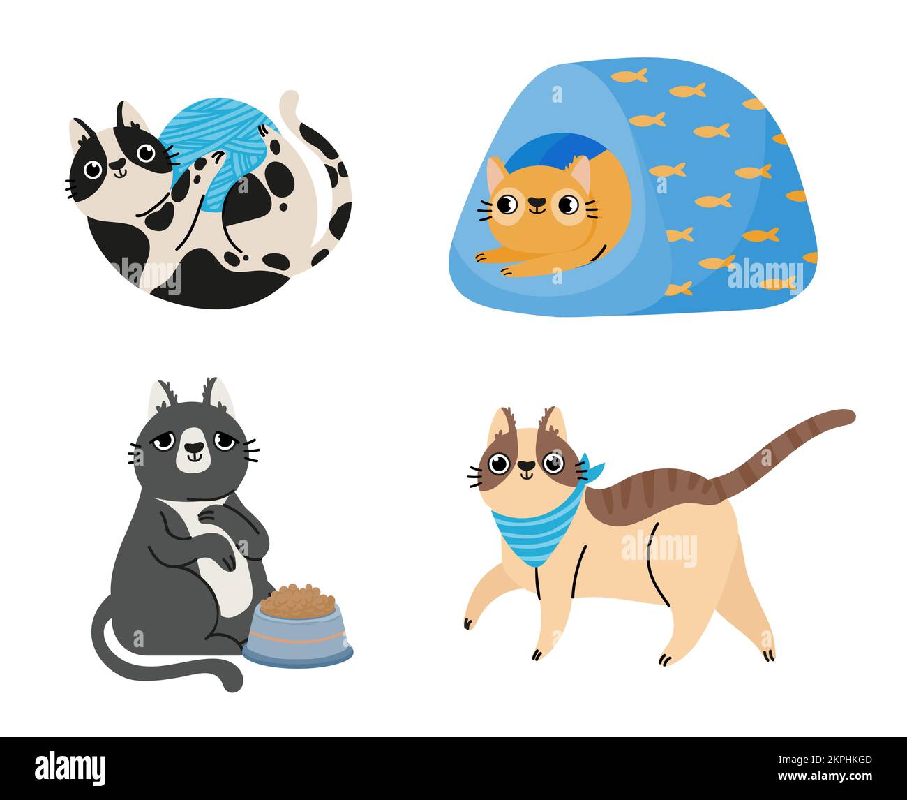 Cartoon cats. Cute animals sitting, lying in bed, walking and playing with ball of yarn. Pets eating and relaxing. Funny furry domestic characters in Stock Vector