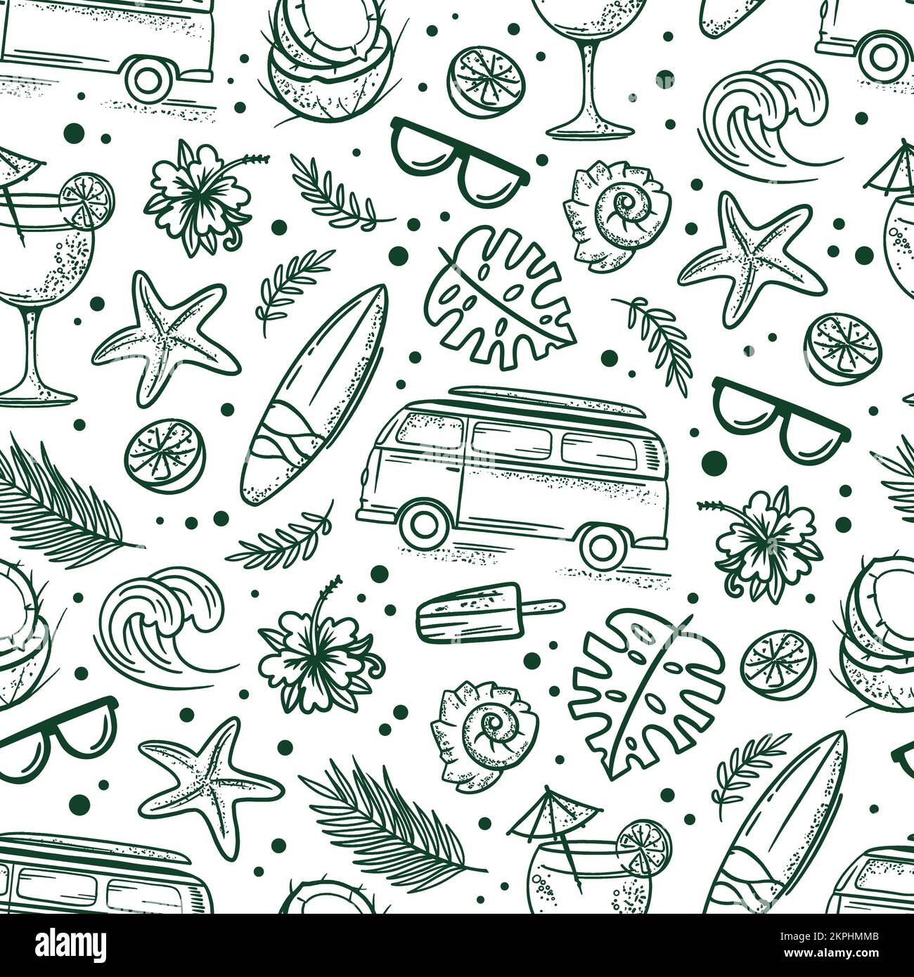 SURF GREEN Summer Vacation Cruise Sea Beach Travel Hand Drawn Seamless ...
