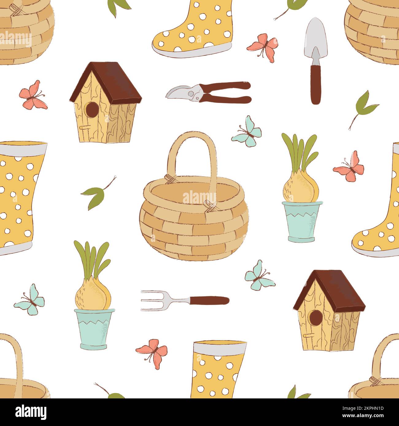 SPRING CRAFT Season Gardening Tools Flower Sprouts Birdhouse And Butterfly On White Background Hand Drawn Cartoon Seamless Pattern Vector Illustration Stock Vector