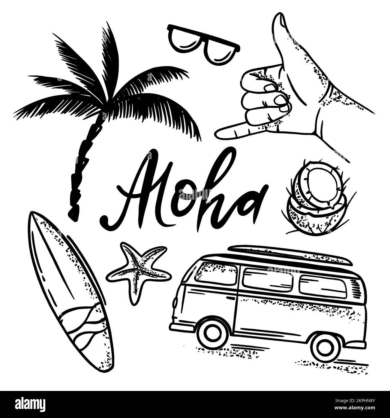 SURF ALOHA Summer Vacation Sea Travel Beach With Palm Tree Coconut Cocktail Surfboard And Sunglasses Monochrome Hand Drawn Vector Illustration Set For Stock Vector