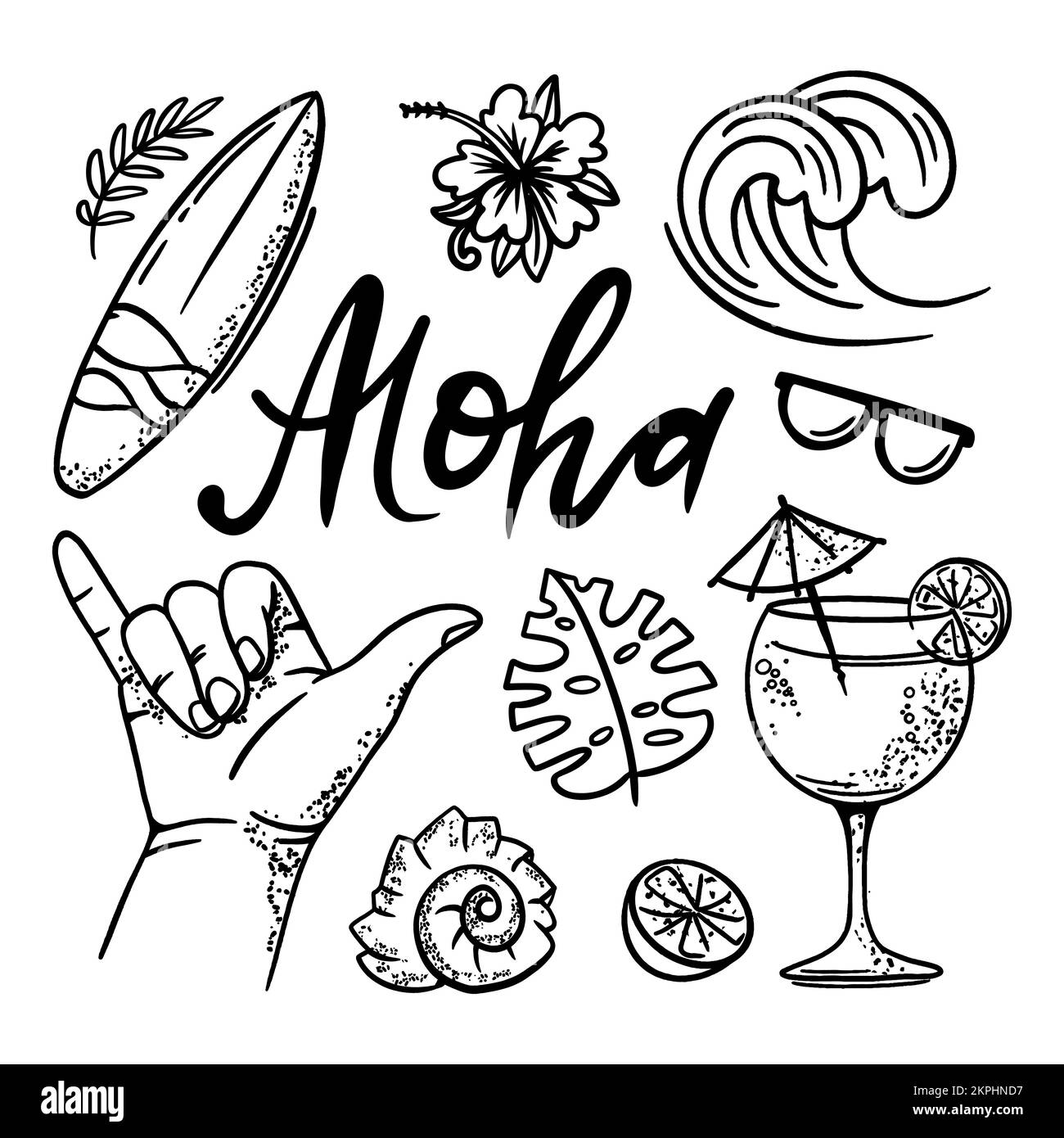 SURFING ALOHA Summer Vacation Cruise Sea Beach Travel Hand Drawn Vector Illustration Set For Print Stock Vector