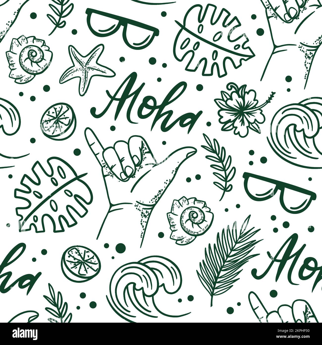 SURFING GREEN Hand Drawn Sketch Monochrome On White Background Summer Vacation Cruise Sea Beach Travel Cartoon Seamless Pattern Vector Illustration Fo Stock Vector