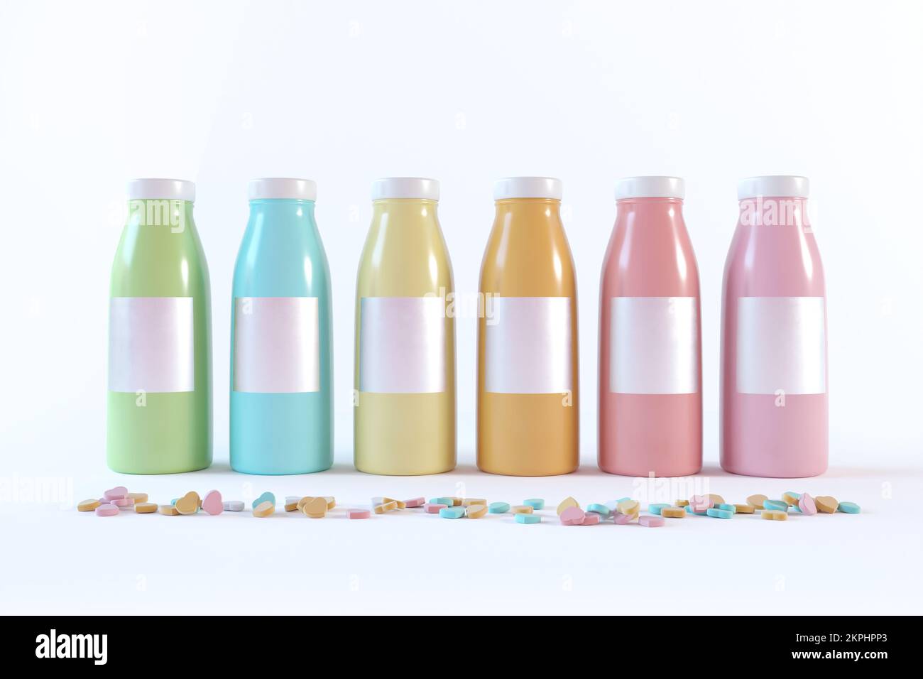 3d realistic Bottle Mock-Up - six bottles for juice, water or milk. Blank Label. 3D illustration Rendering Plastic colorful bottes, cute pastel colors Stock Photo