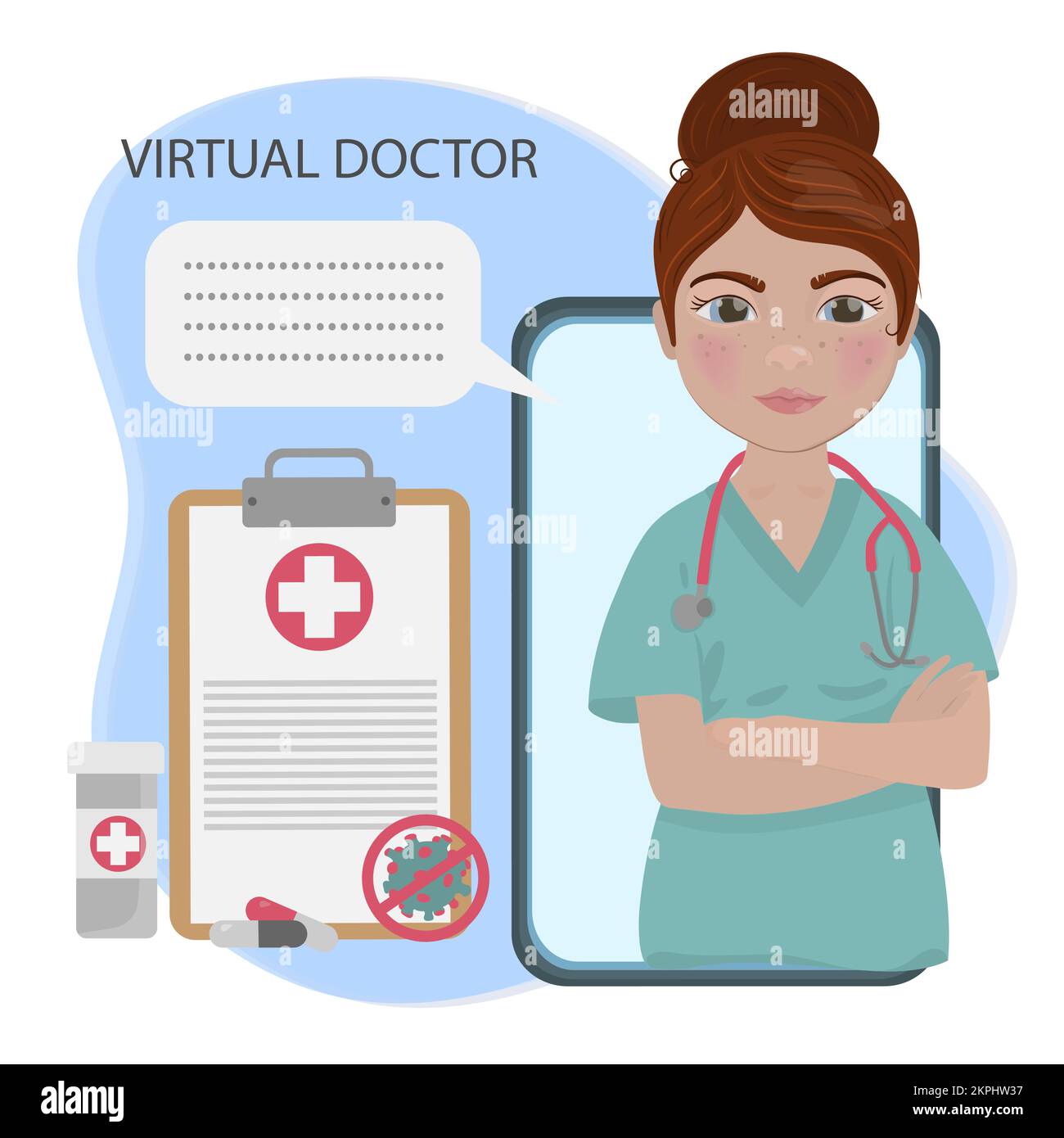 VIRTUAL CONSULTATION Woman Practicing Doctor Giving Recommendations For Disease Treatment Online Internet Cartoon Clip Art Vector Illustration Set For Stock Vector