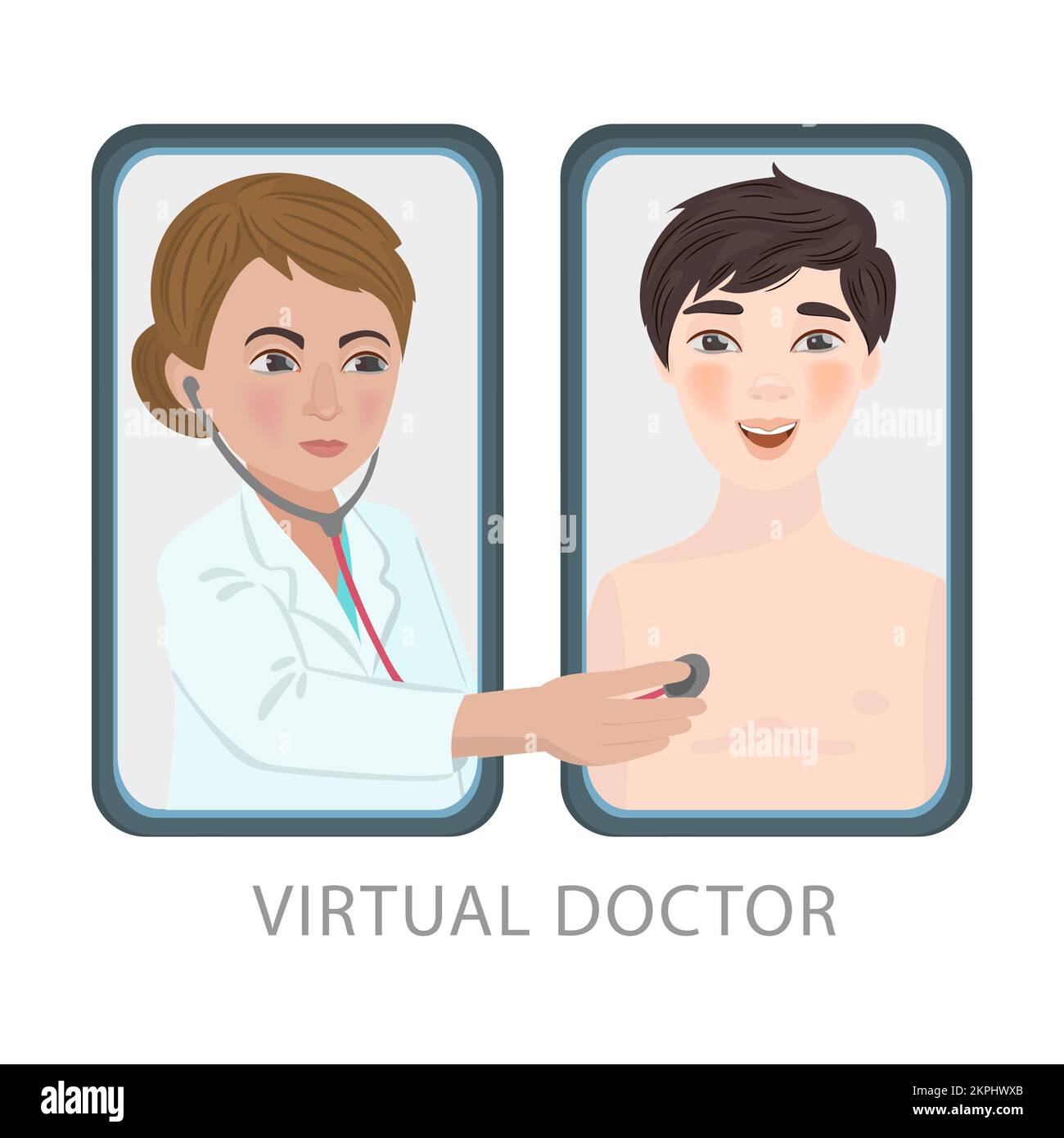 VIRTUAL MEDICINE Chatting With Doctor By Smartphone Online Practitioner Woman Gives Recommendations Cartoon Clip Art Vector Illustration Set For Print Stock Vector