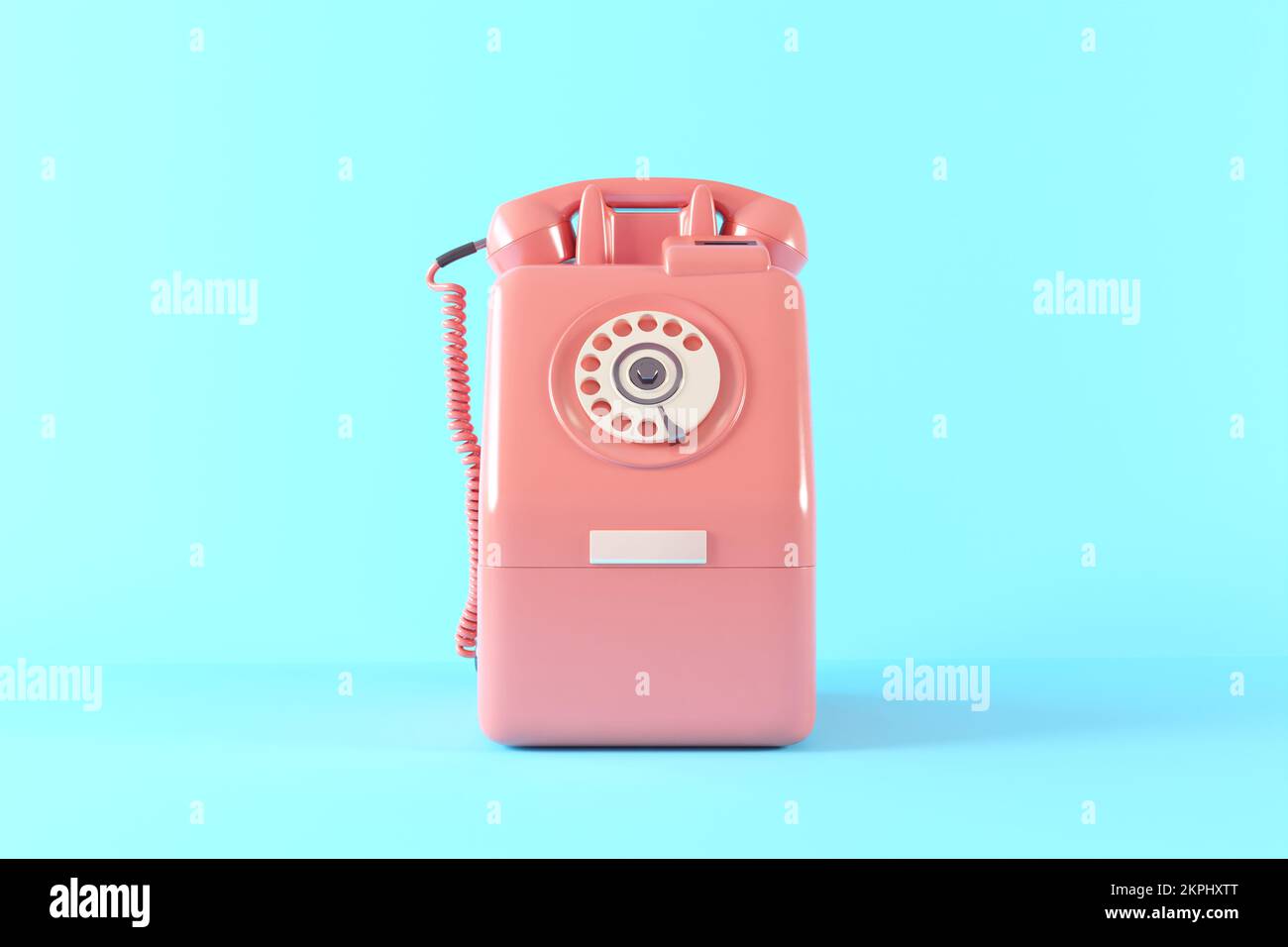 Vintage phone isolated minimal. Pastel colors, pastel plastic style phone. Retro telephone realistic 3d render. Pink telephone front view Stock Photo