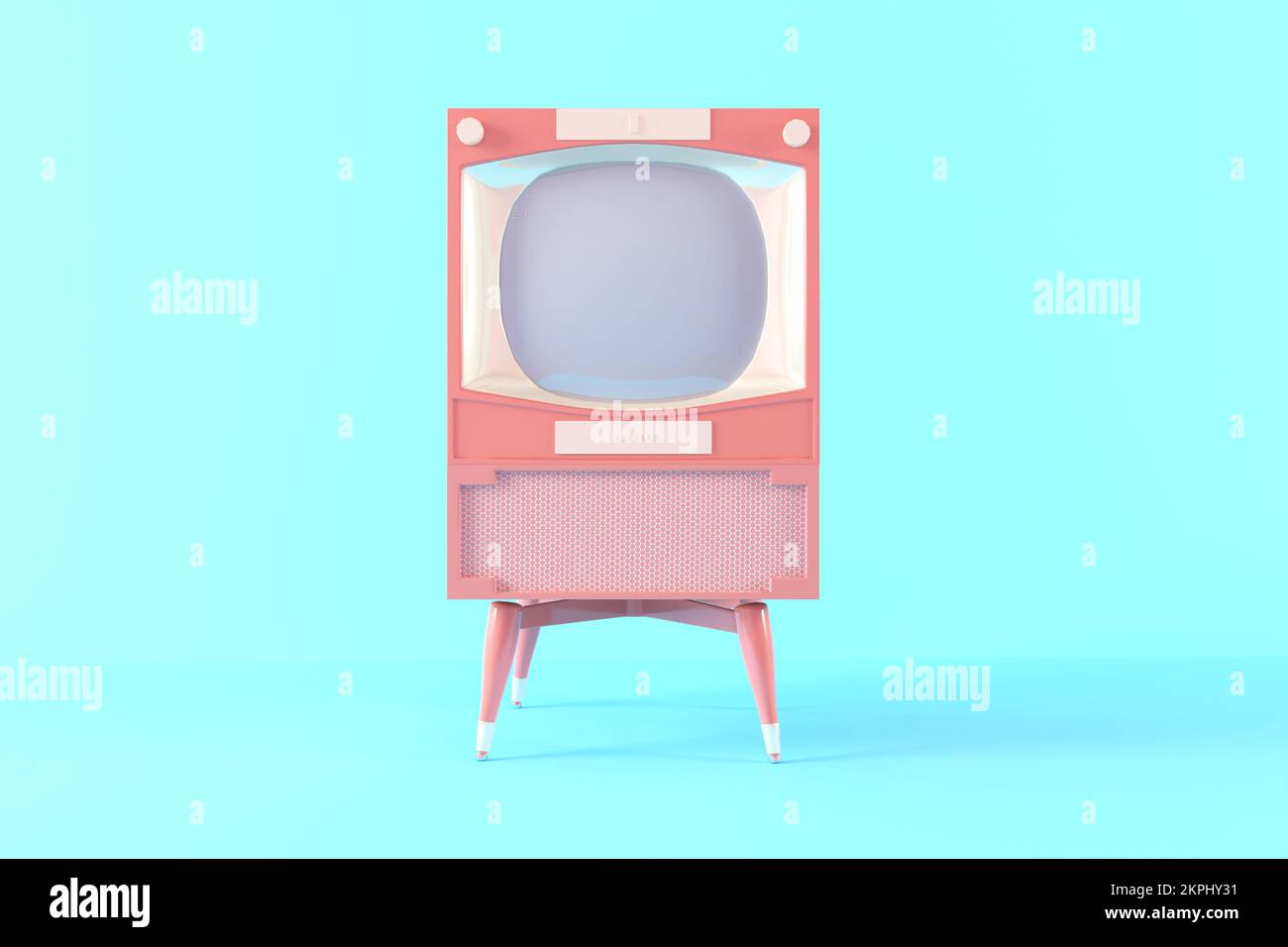 3d pink retro television on blue background, vintage old tv receiver, vintage analog TV. 3d render illustration, minimal concept. Stock Photo