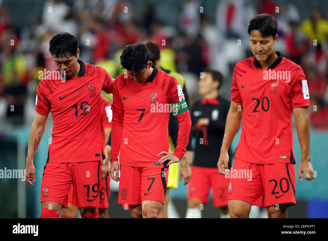 South Korea's Son Heung-min with Kim Young-gwon (left) after the FIFA World Cup Group H match at the Education City Stadium in Al-Rayyan, Qatar. Picture date: Monday November 28, 2022. Stock Photo