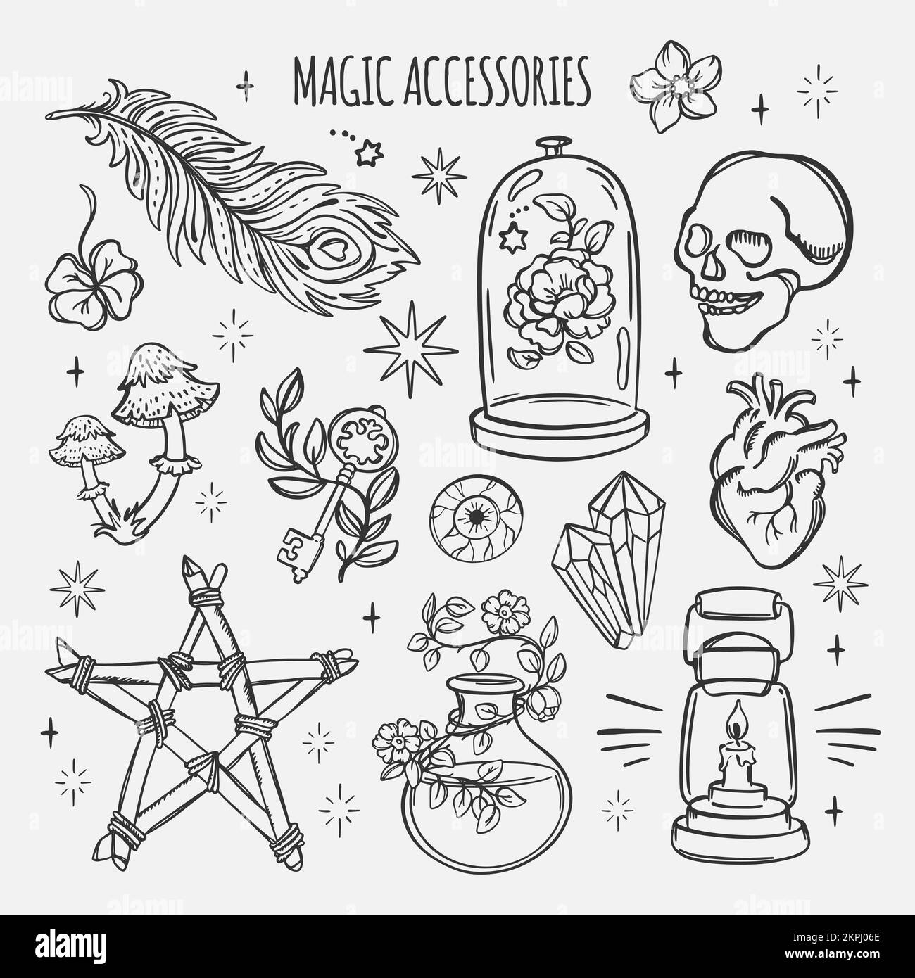 WITCHCRAFT SIGNS Love Magic Alchemic Monochrome Elements Astrology Esoteric Occult Doodle Sketch Hand Drawn Mystery Symbols For Demon Designers And Cr Stock Vector