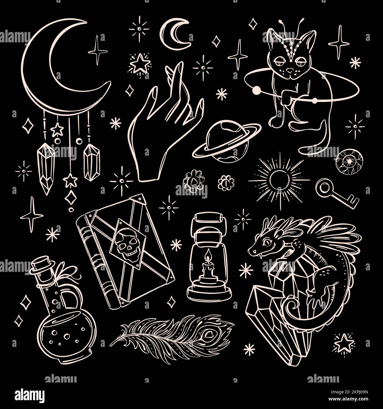 WITCH SYMBOLS Astrological Mystic Character Variations Fire Salamander Space Cat Occult Esoteric Witchcraft Hand Drawn Sketch Alchemist Objects Design Stock Vector