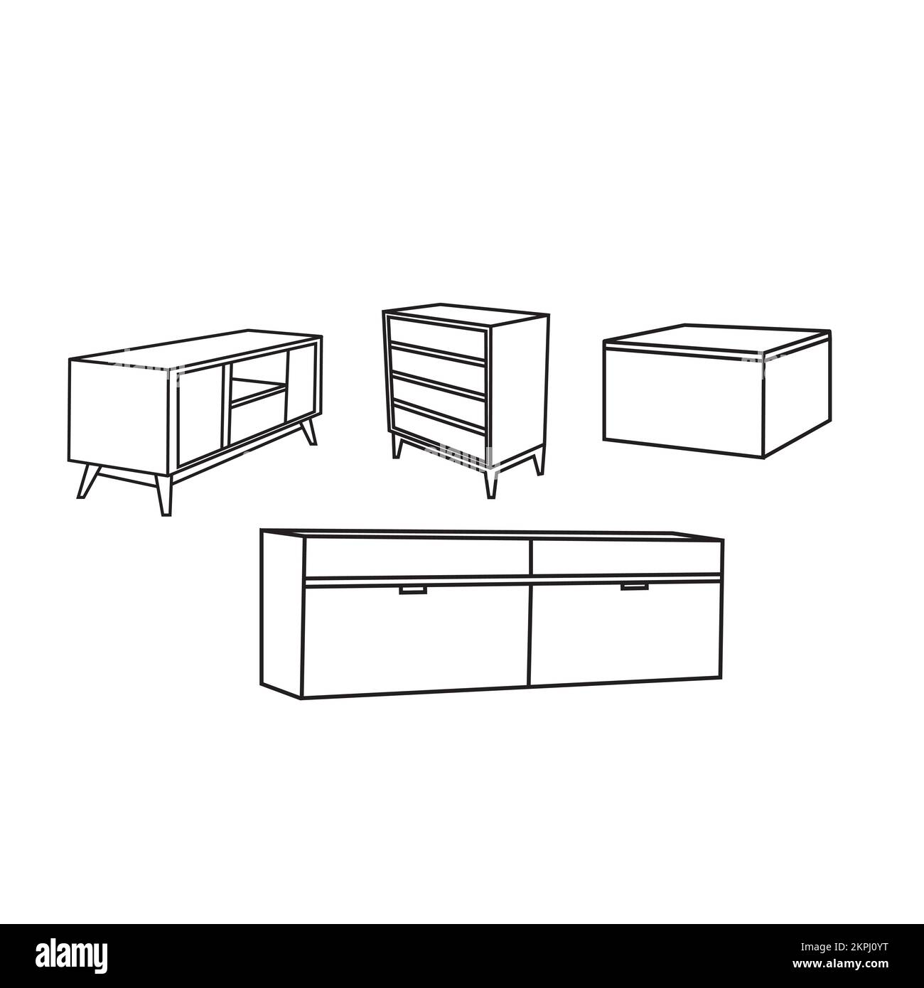 Three designs of wooden cupboards with shelves furniture on white