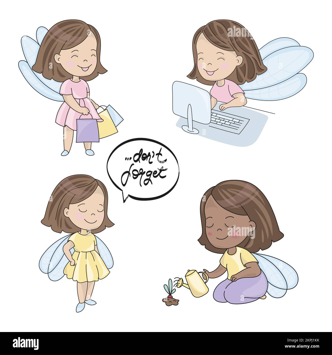 Woman day little girl with wings works computer goes shopping and