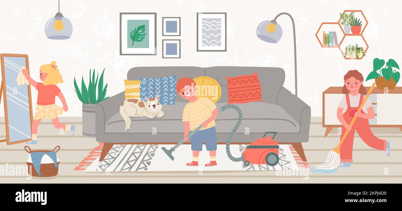 Kids doing housework in living room. Boy vacuuming carper, girls wiping