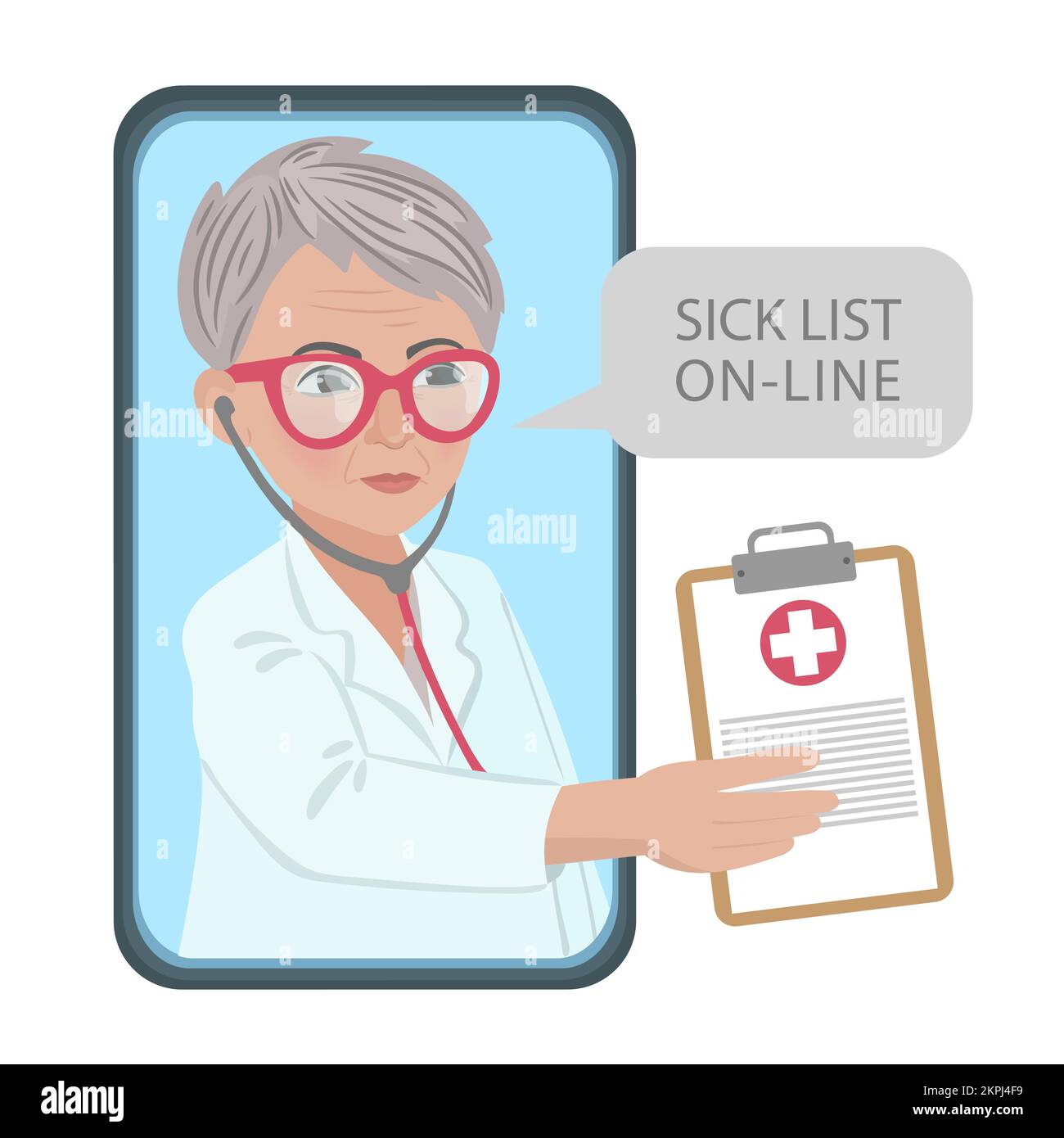 SICK LIST ONLINE Woman Doctor With Phonendoscope In Smartphone On The Internet Gives Online Consultation And Sick Lists Out Clip Art Vector Illustrati Stock Vector