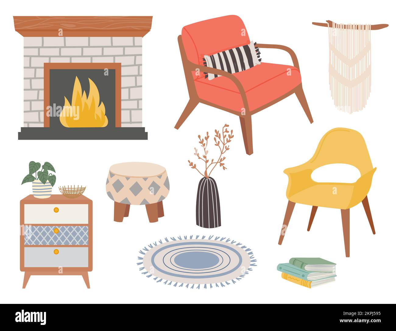 Scandinavian furniture. Minimalist furnishing for home decor. Living room interior objects in hygge style such as armchair, puff, carpet, fireplace, h Stock Vector