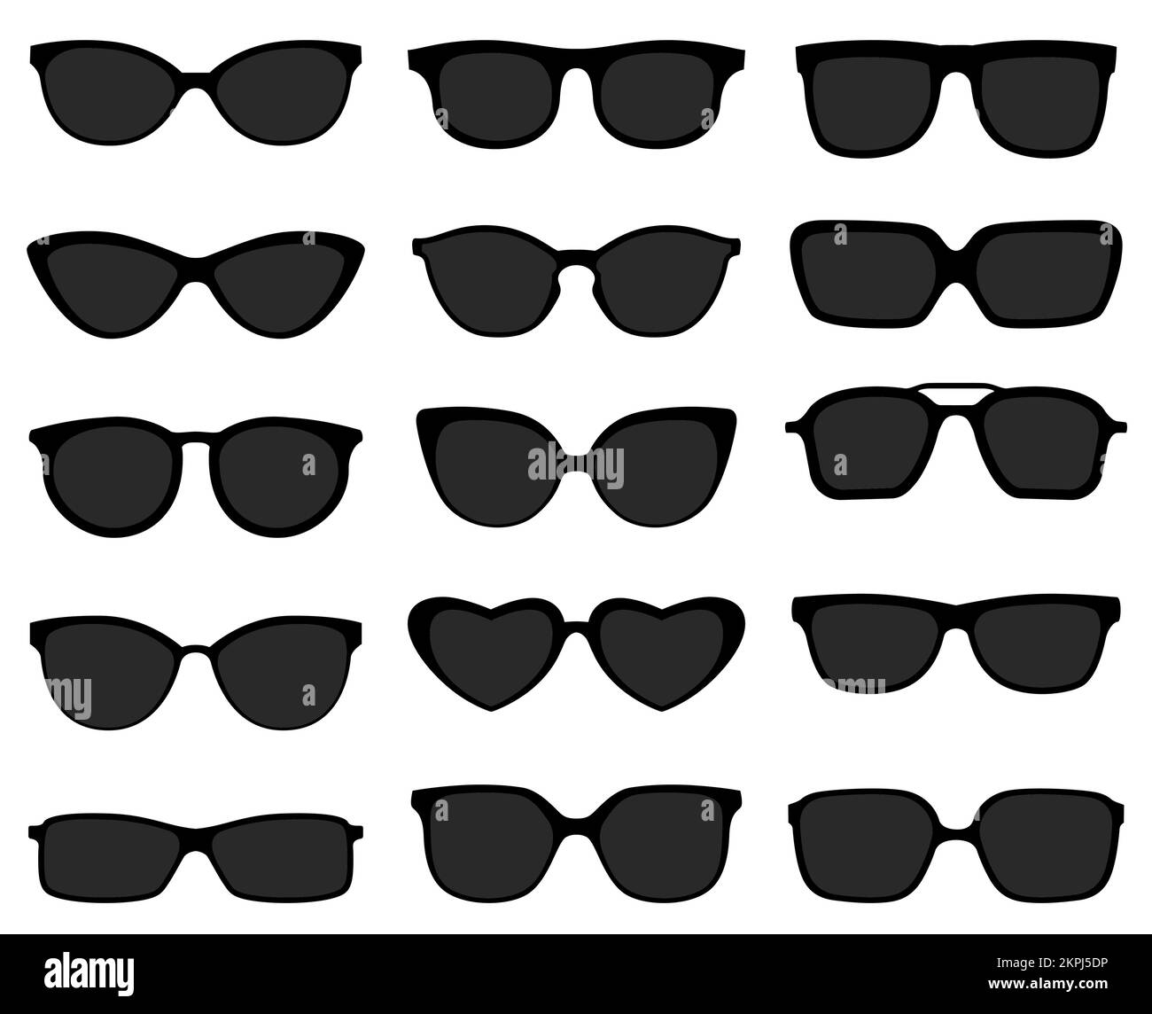 Black sunglasses icon set. Dark optic glasses and frames isolated on white. Back lens with stylish plastic rims of different shapes as oval, square an Stock Vector