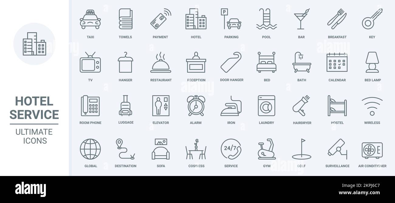 Hotel service thin line icons set vector illustration. Abstract outline reception and taxi for tourists with luggage, parking and laundry, room furniture for hostel and payment, bar and restaurant Stock Vector