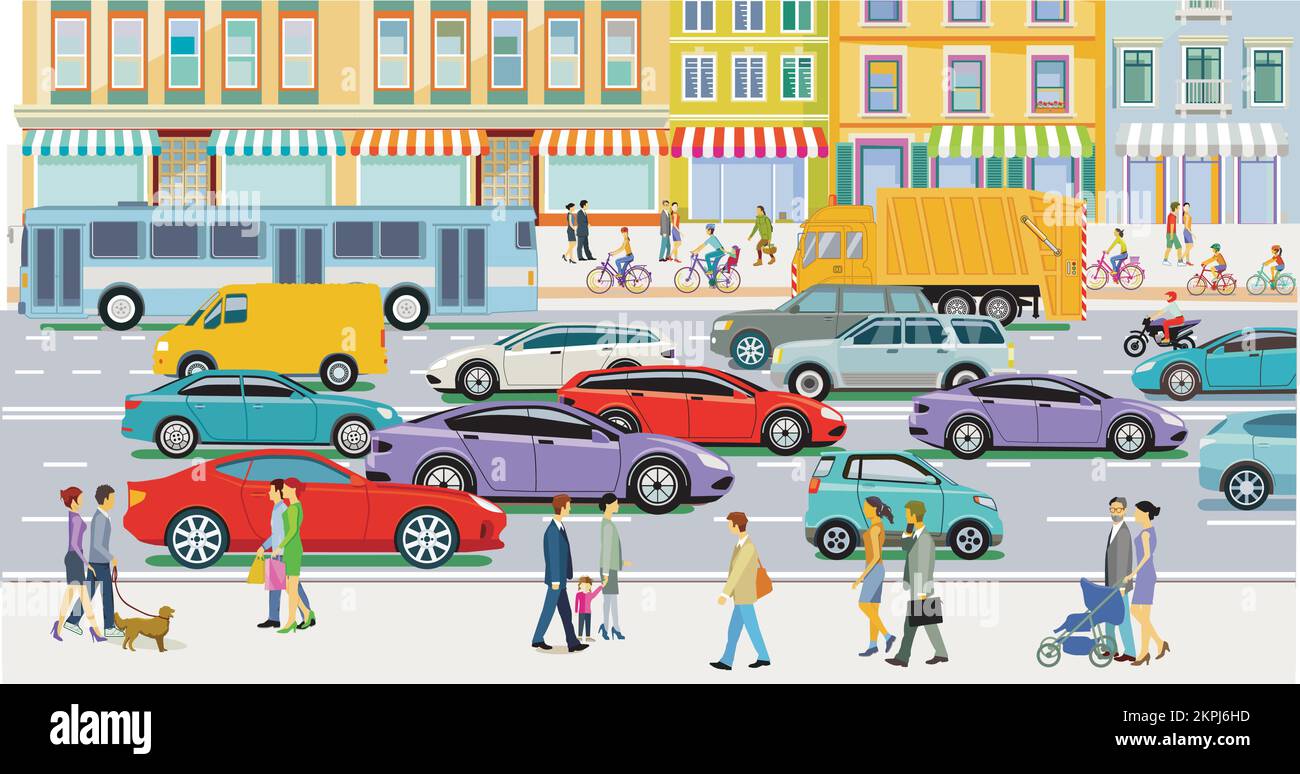Main street with people and road traffic and in front of buildings, illustration Stock Vector