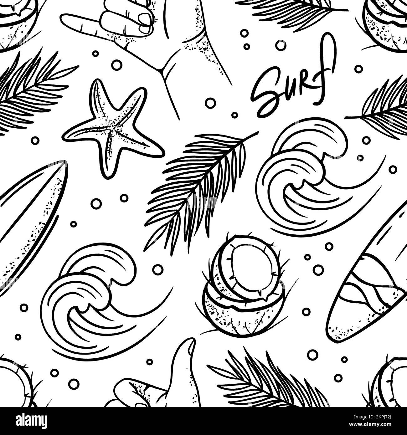 SURF BLACK Summer Vacation Cruise Sea Beach Travel Hand Drawn Seamless ...