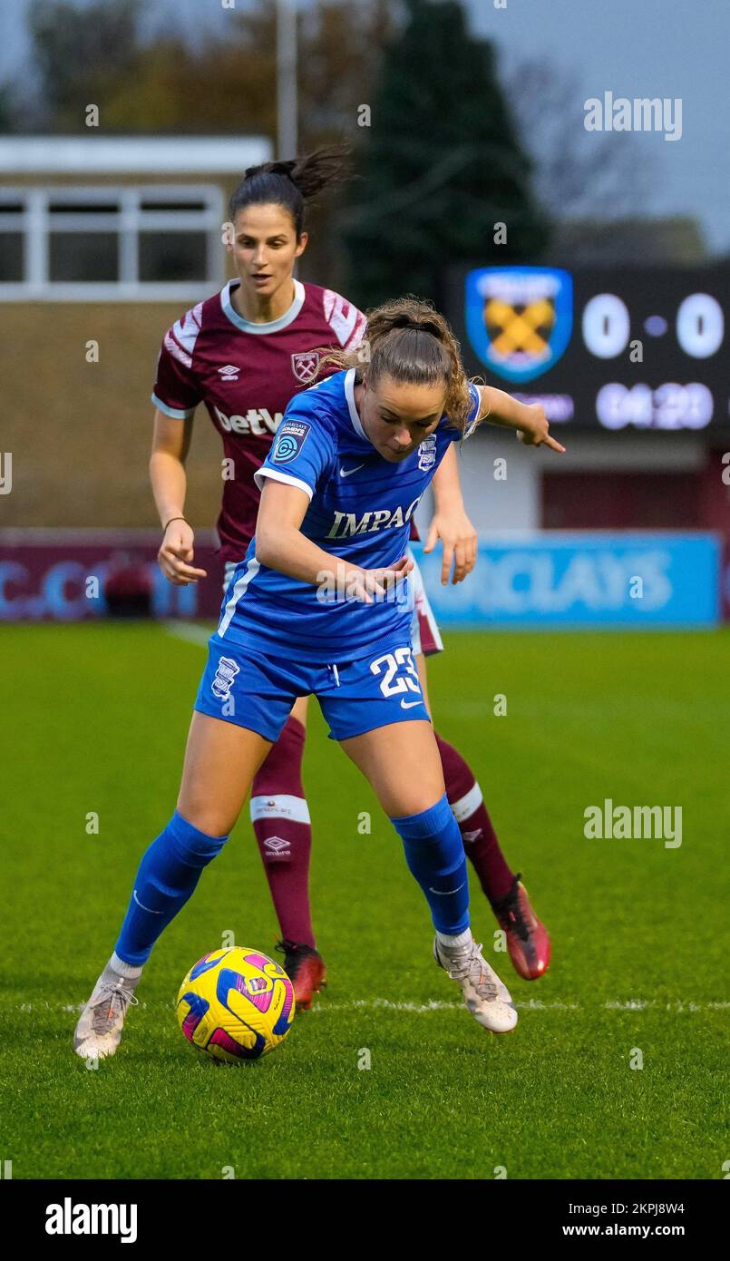 Dagenham, England, November 27th 2022: Charlie Devlin (23 Birmingham) in action during the FA Womens Continental League Cup football match between West Ham United and Birmingham City at the Chigwell Construction Stadium in Dagenham, England.  (James Whitehead / SPP) Stock Photo